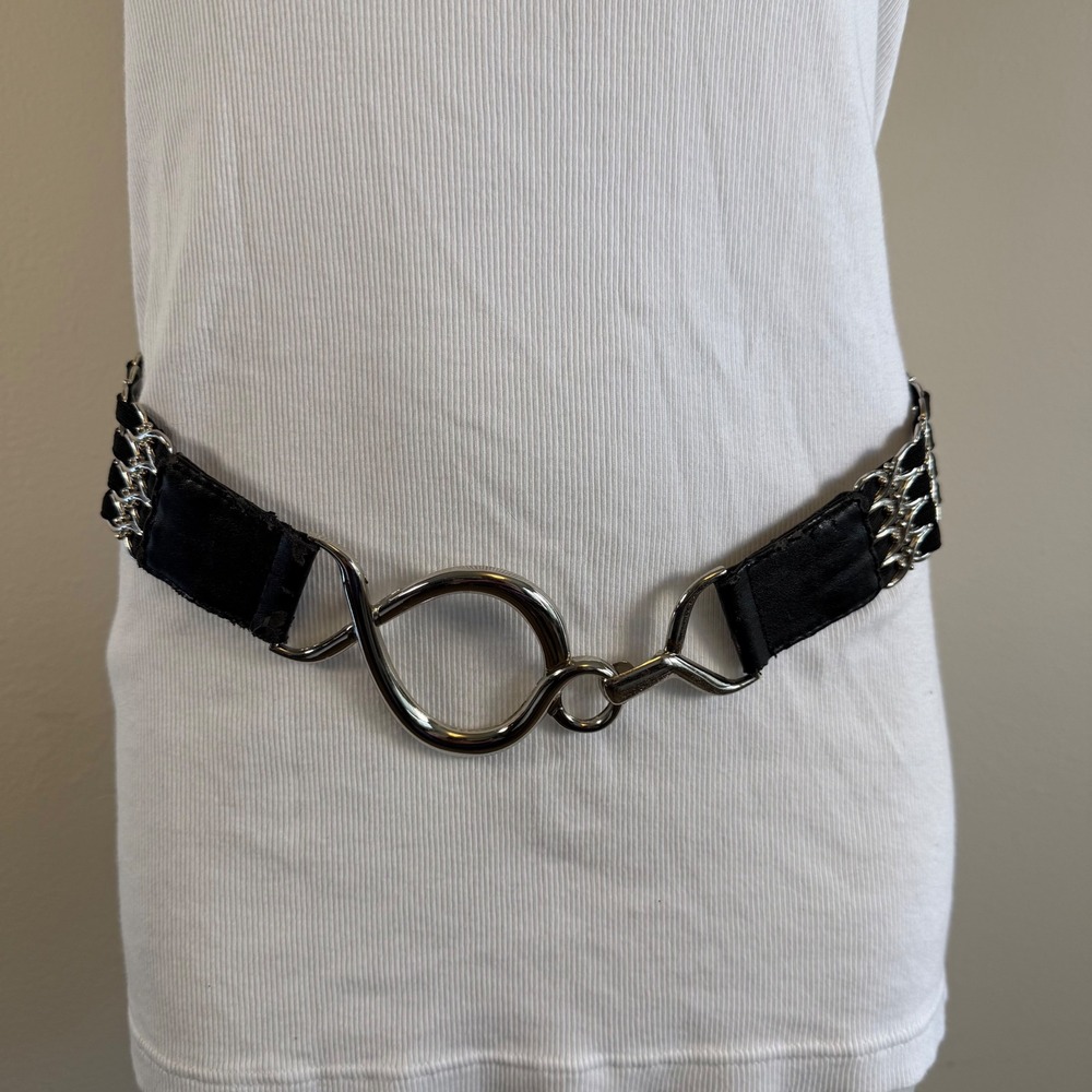 Chinese Laundry Black Elastic Chain Belt Stretch Silver Hook S/M Y2K Glam